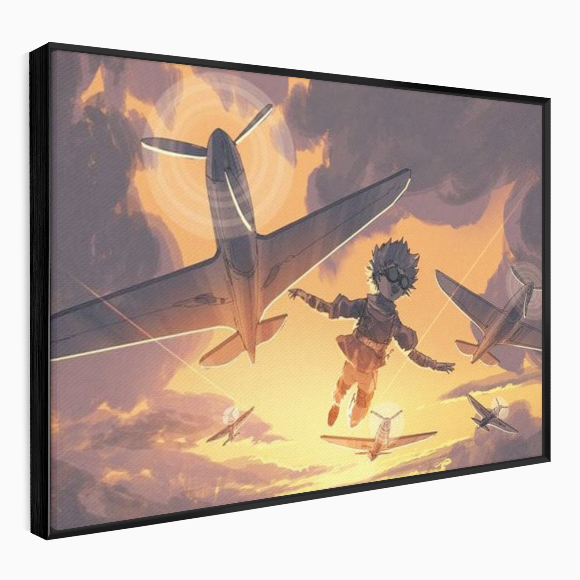 Tablou canvas cu ilustratie digitala cu un baietel zburand alaturi de avioane, in rama de aluminiu negru